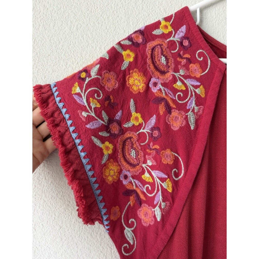 UMGEE USA Red Floral Embroidered Linen Boho Dress Fringe Hem Western Shift Tunic